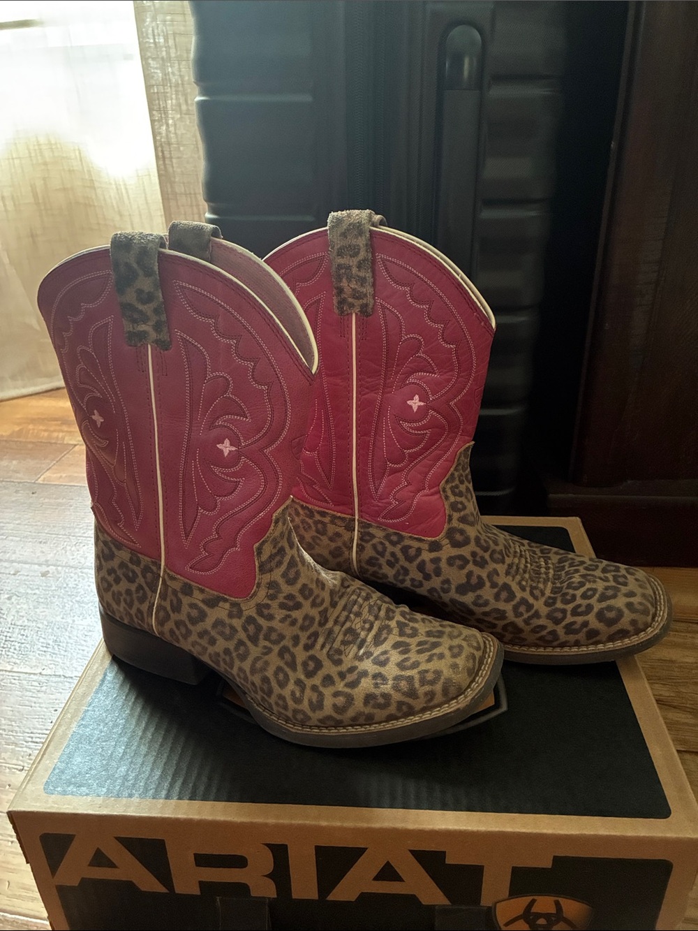 Ariat Leopard Print Foot with Pink Shaft Kids Western Boots